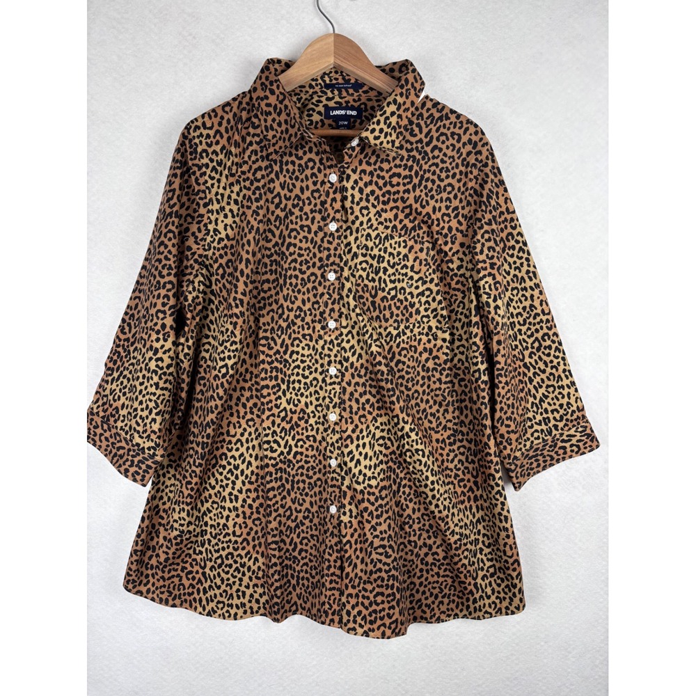 Lands End Leopard Print Cotton Button Down Shirt 20W Plus Size No Iron Office